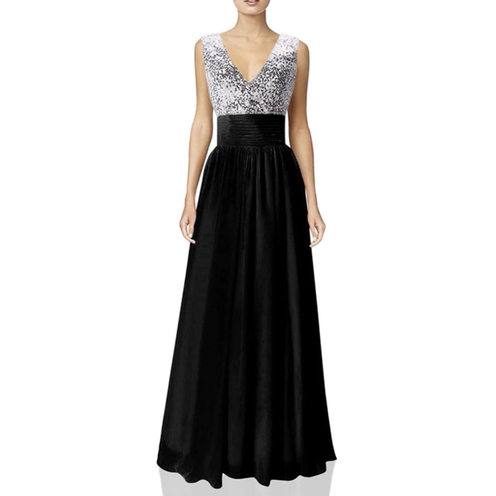 Lady's Deep V-Neck Sequins Top Chiffon Long Prom Dress Ball Gown